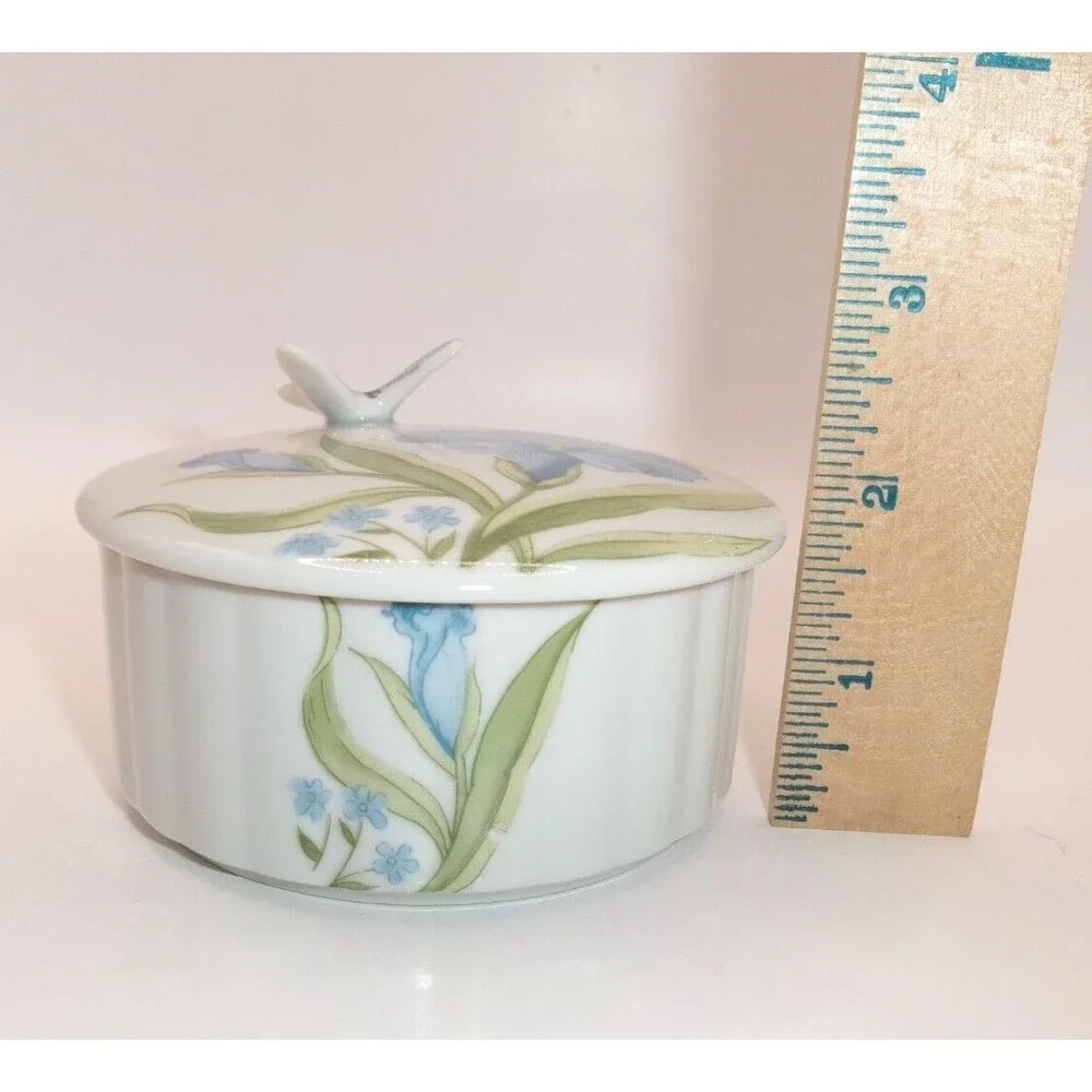 Butterfly Floral Trinket Jewelry Box w/ Lid Hibiscus Flower Blue Green Vtg Japan